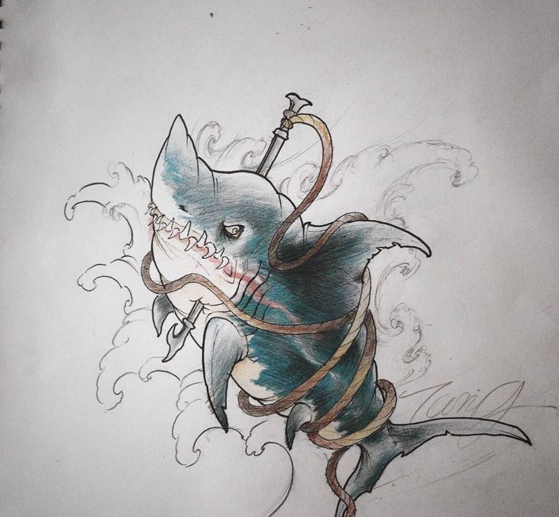 鲨鱼辣椒纹身图片_手稿纹身图案