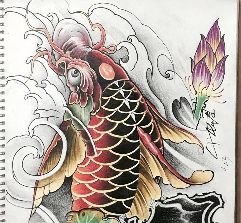 鲤鱼做遮盖的手稿纹身图片