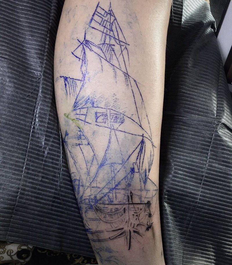 欧美，船纹身图片_成品腿部几何静物宗教欧美纹身图案