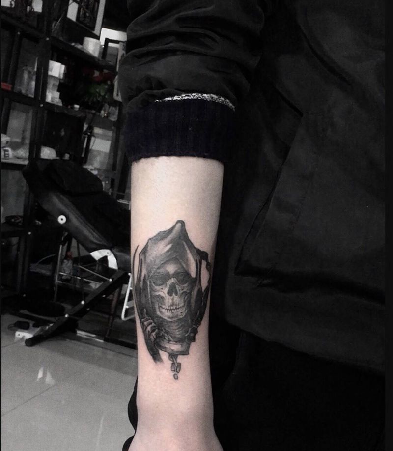 死神纹身图片_成品手臂欧美人物鬼神宗教字符纹身图案