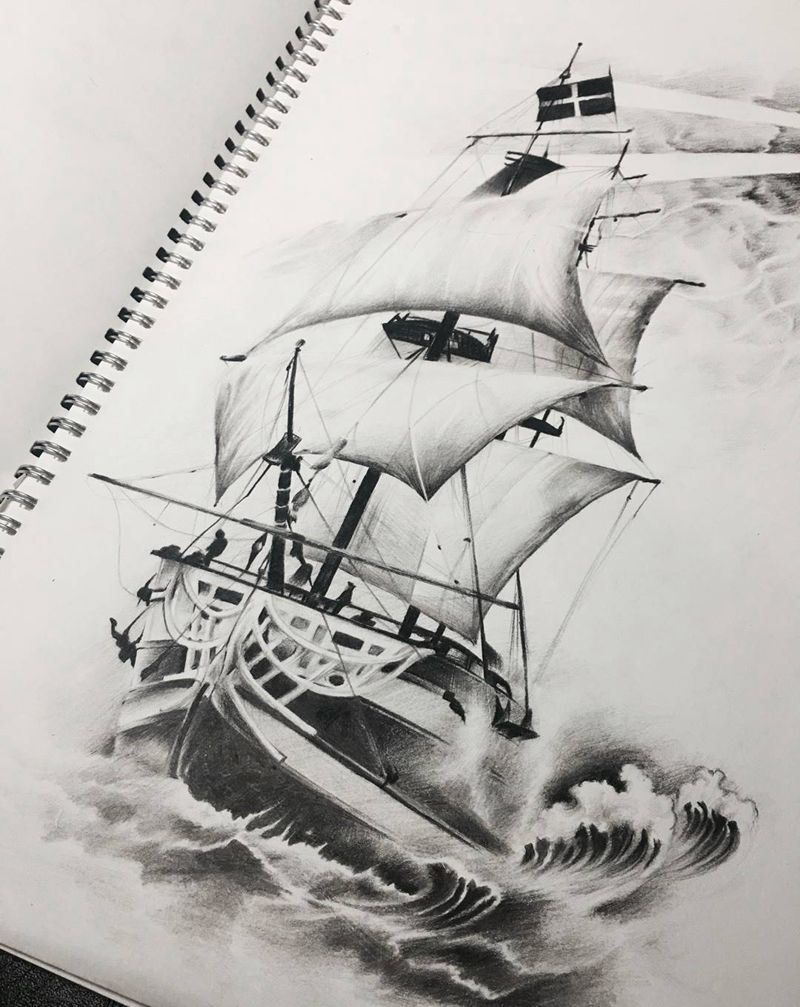 帆船纹身图片_成品手臂腹部背部写实静物原创宗教手部纹身图案