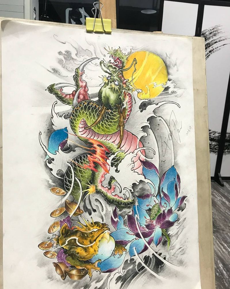 龙花臂手稿完成纹身图片
