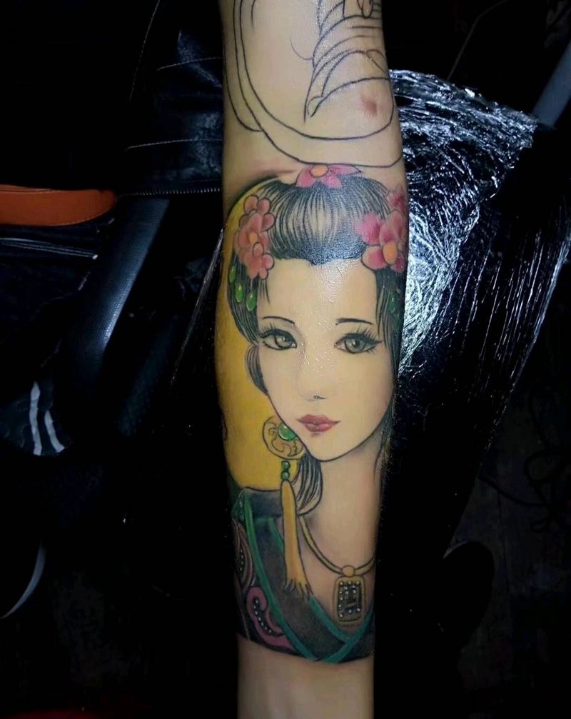 艺妓纹身图片_手臂新传统美女纹身图案