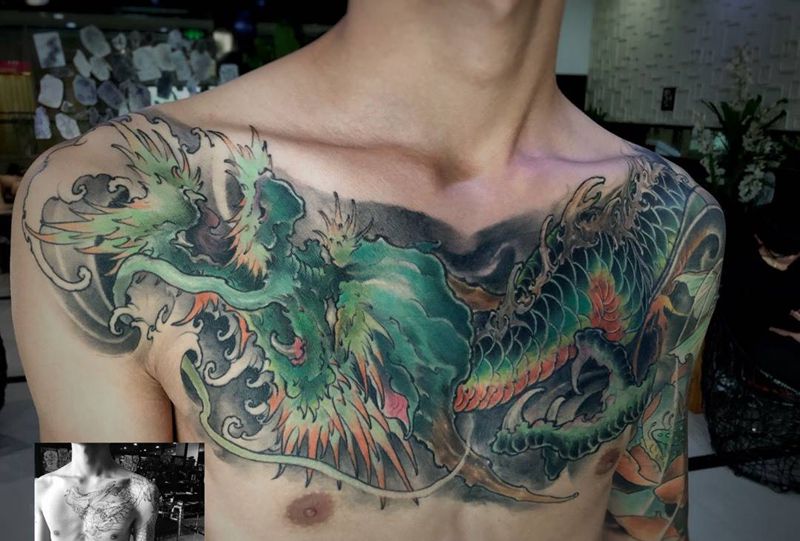 青龙，遮盖作品，V胸纹身图片_肩部胸部新传统龙新传统龙V胸纹身图案