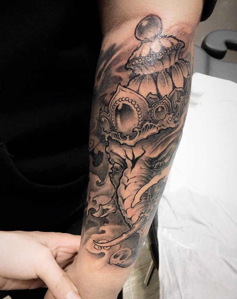 象神纹身图片_成品手臂传统鬼神动物原创纹身图案