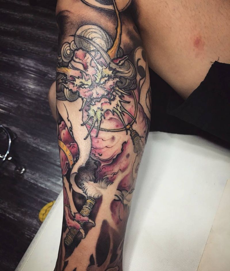 小腿雷神纹身图片_成品腿部传统人物纹身图案