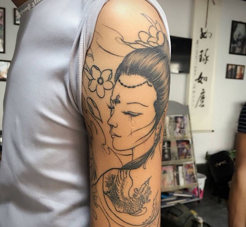 艺妓线条完成恢复后效果纹身图片