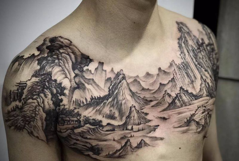 山水纹身图片_胸部新传统水墨山水花胸纹身图案