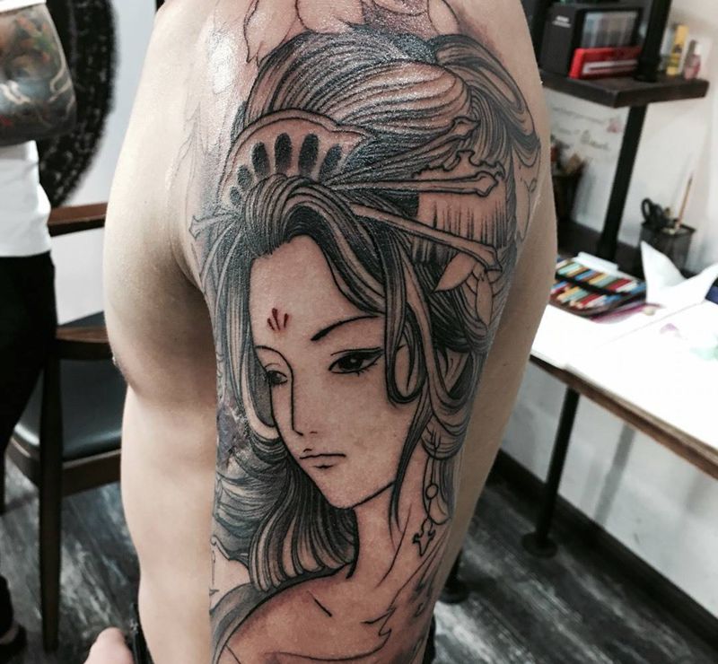 艺妓盖疤纹身图片