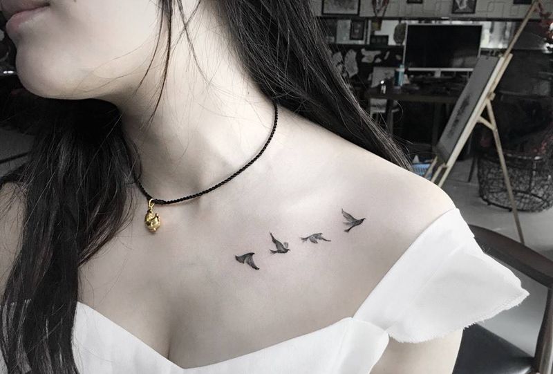 鸟纹身图片_成品肩部清新动物静物纹身图案