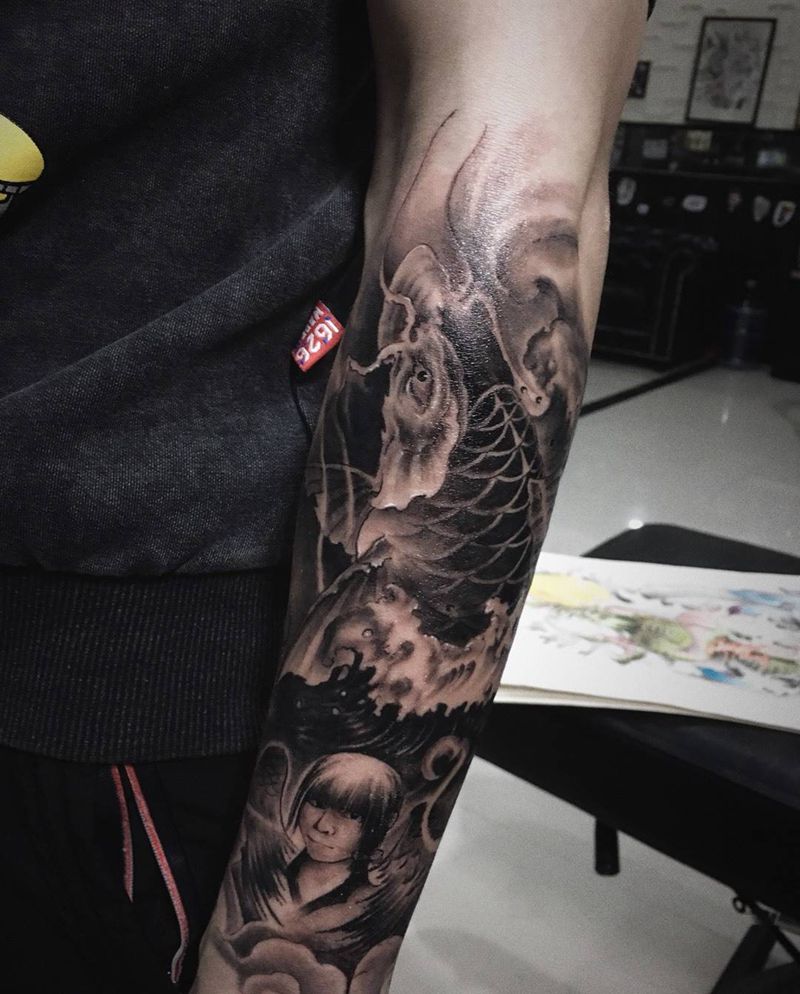 鲤鱼纹身图片_成品手臂传统欧美人物动物鬼神原创纹身图案