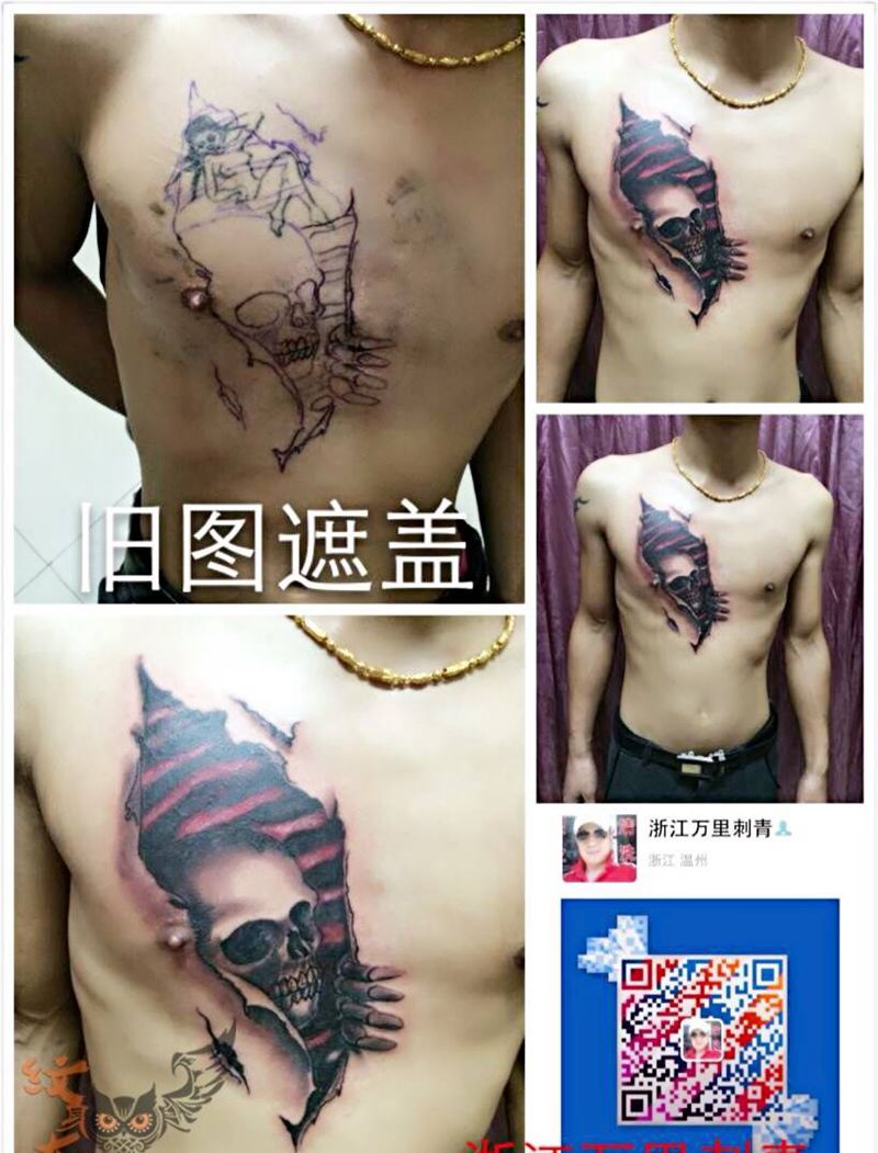 骷髅纹身图片_成品胸部欧美鬼神纹身图案
