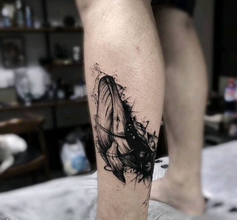 遮盖老纹身纹身图片_腿部几何水墨纹身图案