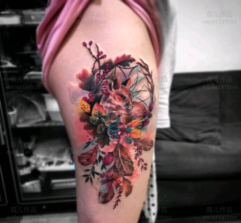 手术增生疤痕遮盖纹身图片_腿部New School水彩纹身图案