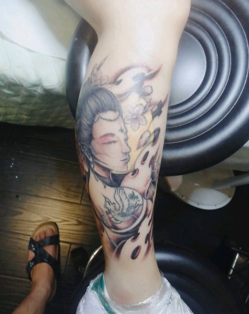 艺妓纹身图片_腿部新传统纹身图案