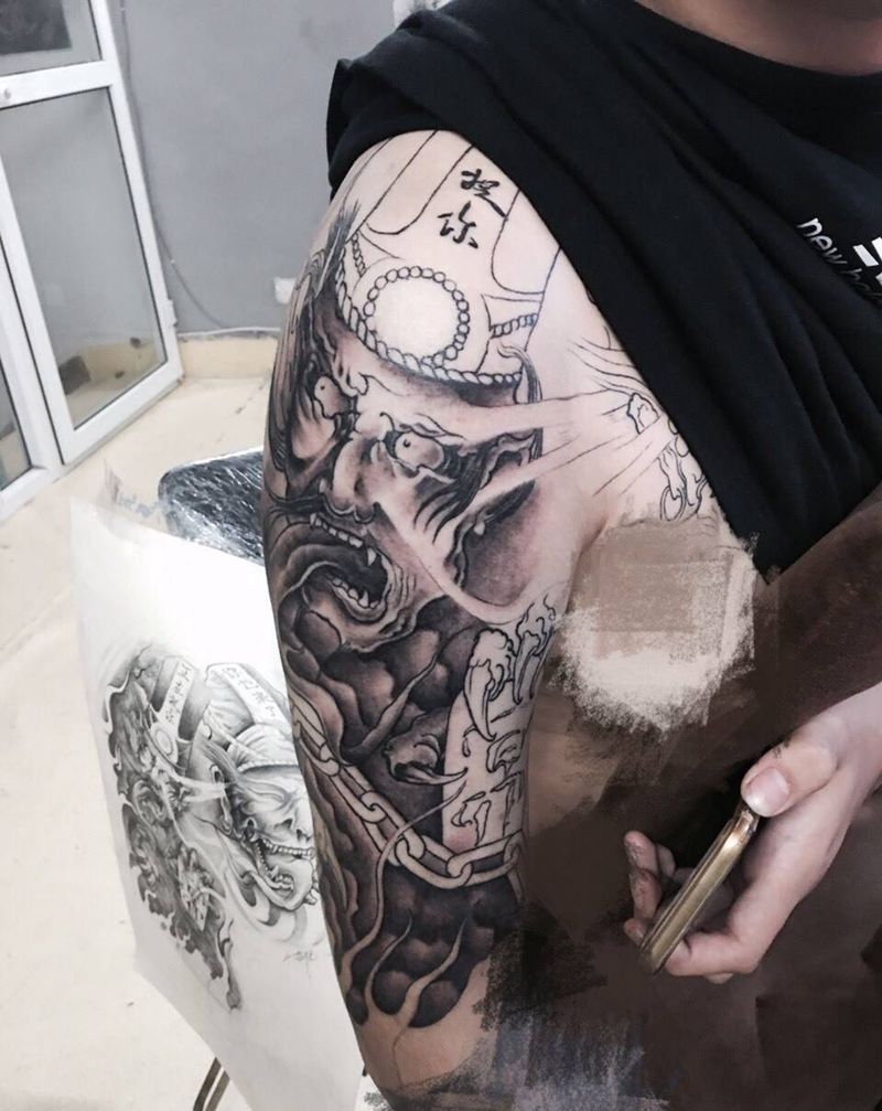 黑白无常花臂未完成。纹身图片_成品手臂传统鬼神纹身图案