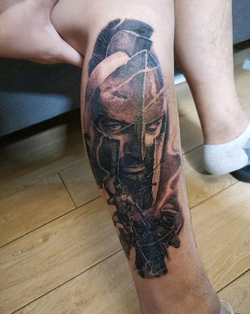 斯巴达勇士纹身图片_腿部欧美写实纹身图案