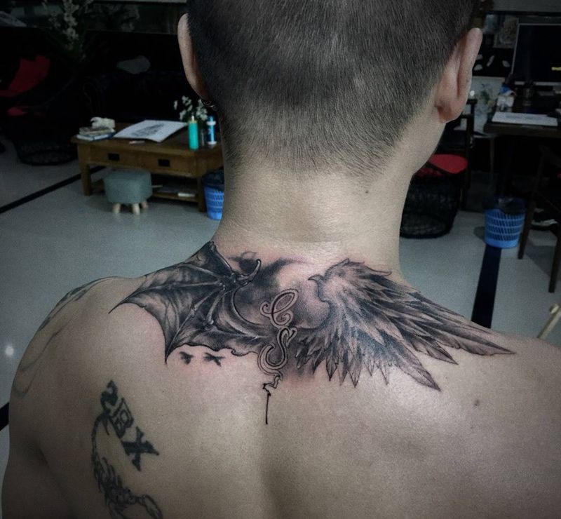 天气恶魔纹身图片_成品欧美动物字符几何静物背部纹身图案