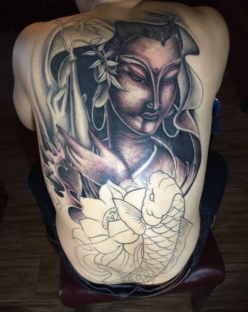 无痛满背观音纹身图片