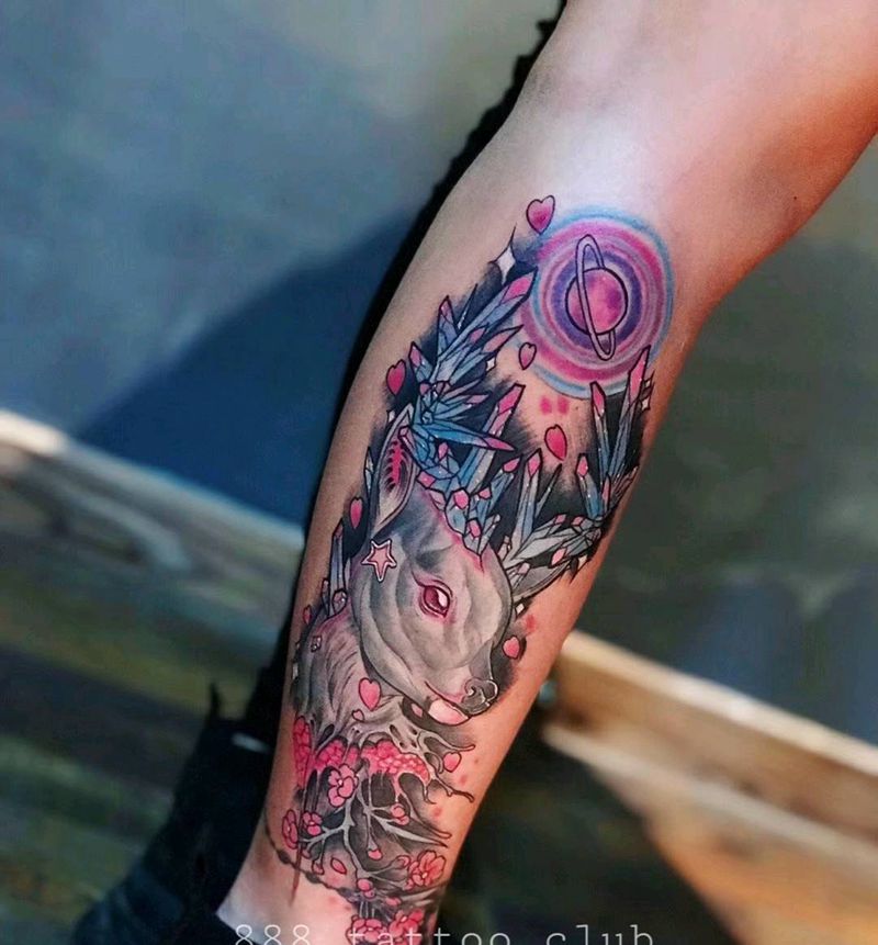 重彩鹿纹身图片_腿部New School水彩纹身图案