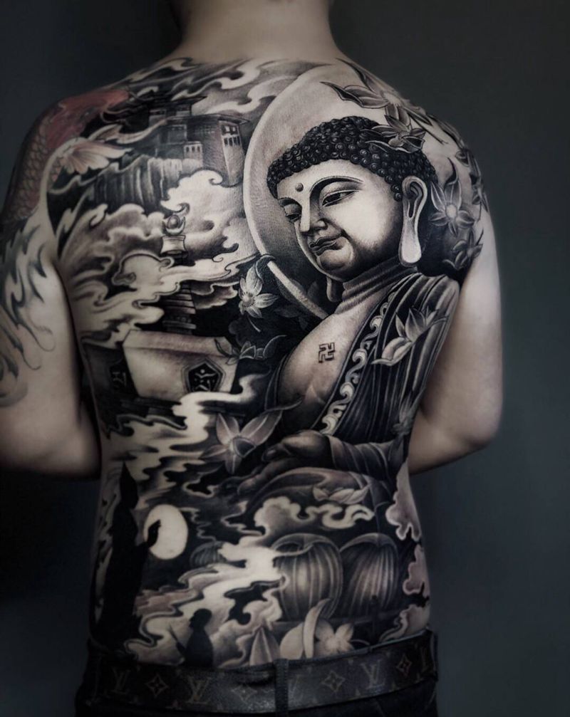 大日如来纹身图片_背部新传统纹身图案