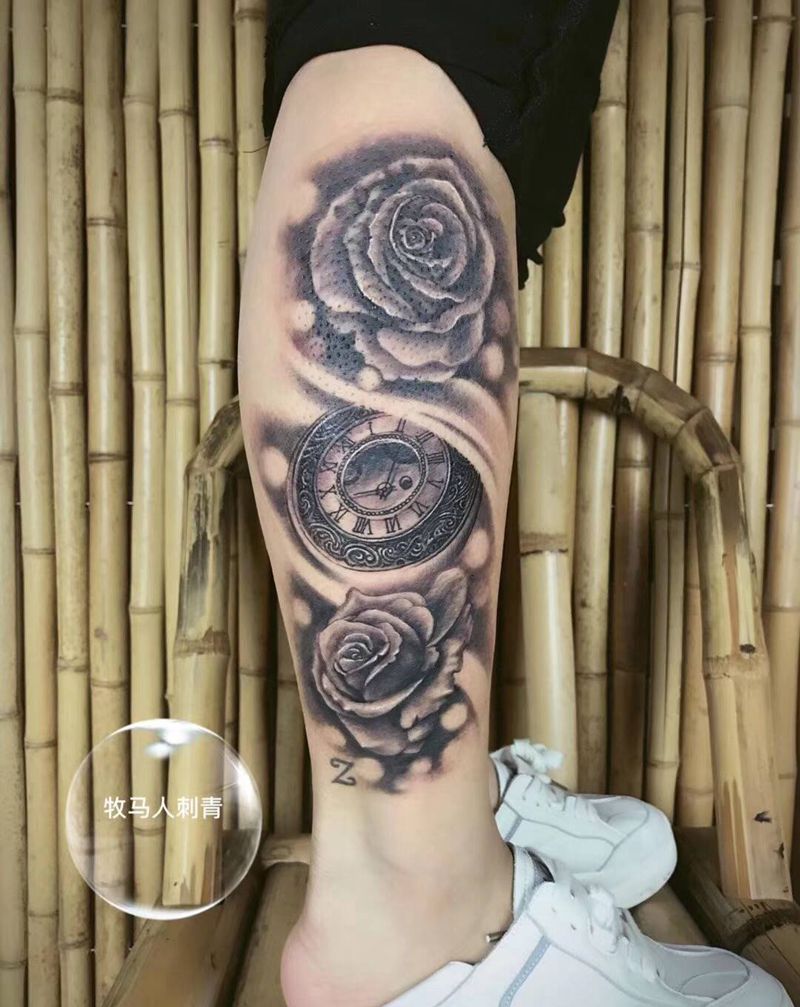 写实玫瑰纹身图片_腿部纹身图案