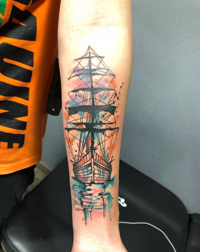 帆船纹身图片_水彩纹身图案