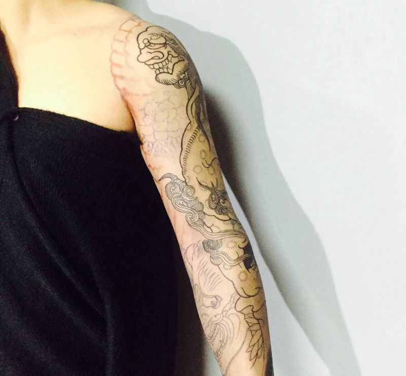 唐狮花臂，又是遮盖～纹身图片