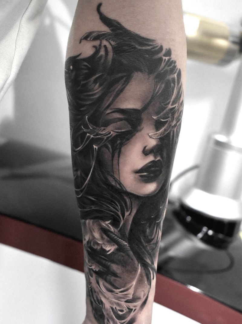 暗黑仙女纹身图片_手臂欧美写实暗黑纹身图案