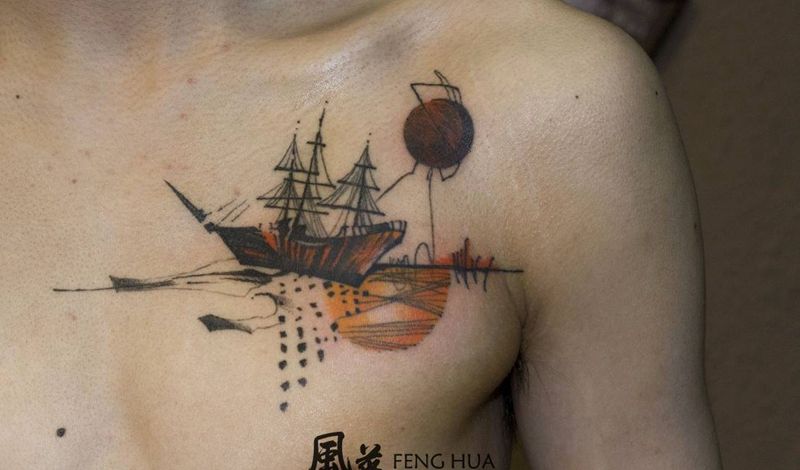 港湾纹身图片_胸部水彩水墨纹身图案