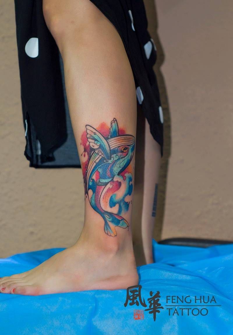 拯救不开心系列纹身图片_腿部脚部水彩水墨鱼纹身图案