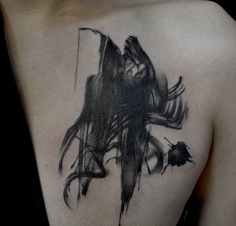 姜太公钓鱼纹身图片_胸部水墨纹身图案