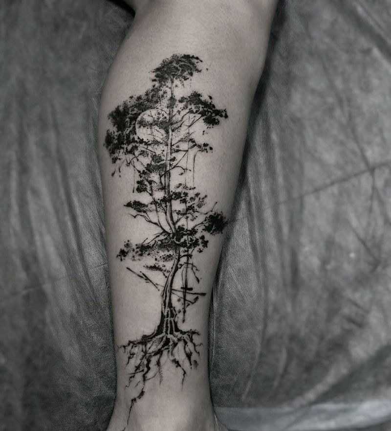 工笔画纹身图片_腿部水彩新传统纹身图案