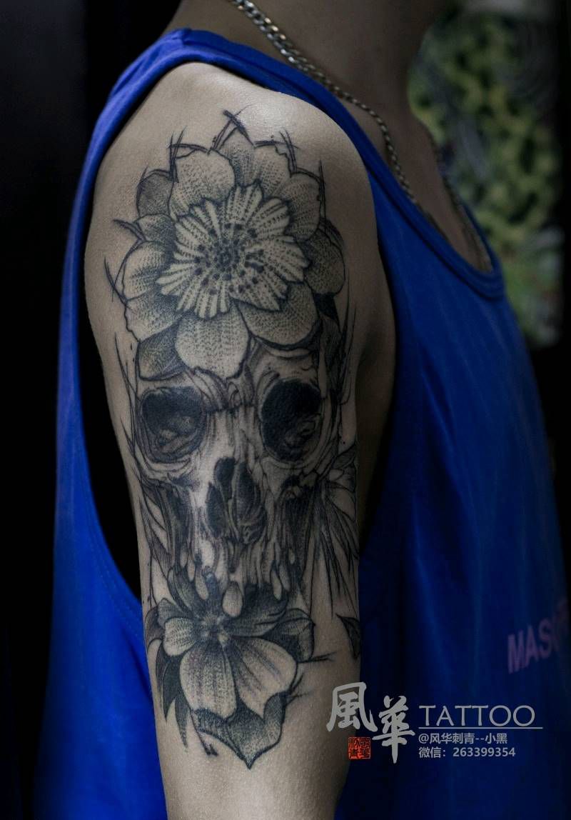 向死而生纹身图片_肩部手臂欧美写实点刺骷髅