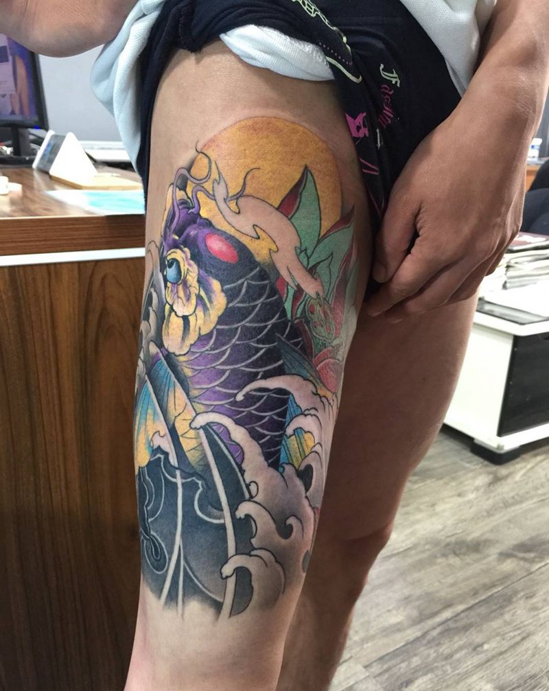 鱼 遮盖 彩色纹身图片_成品腿部传统动物纹身图案