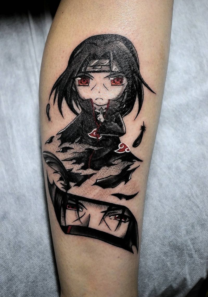 宇智波鼬纹身图片_腿部点刺漫画卡通纹身图案