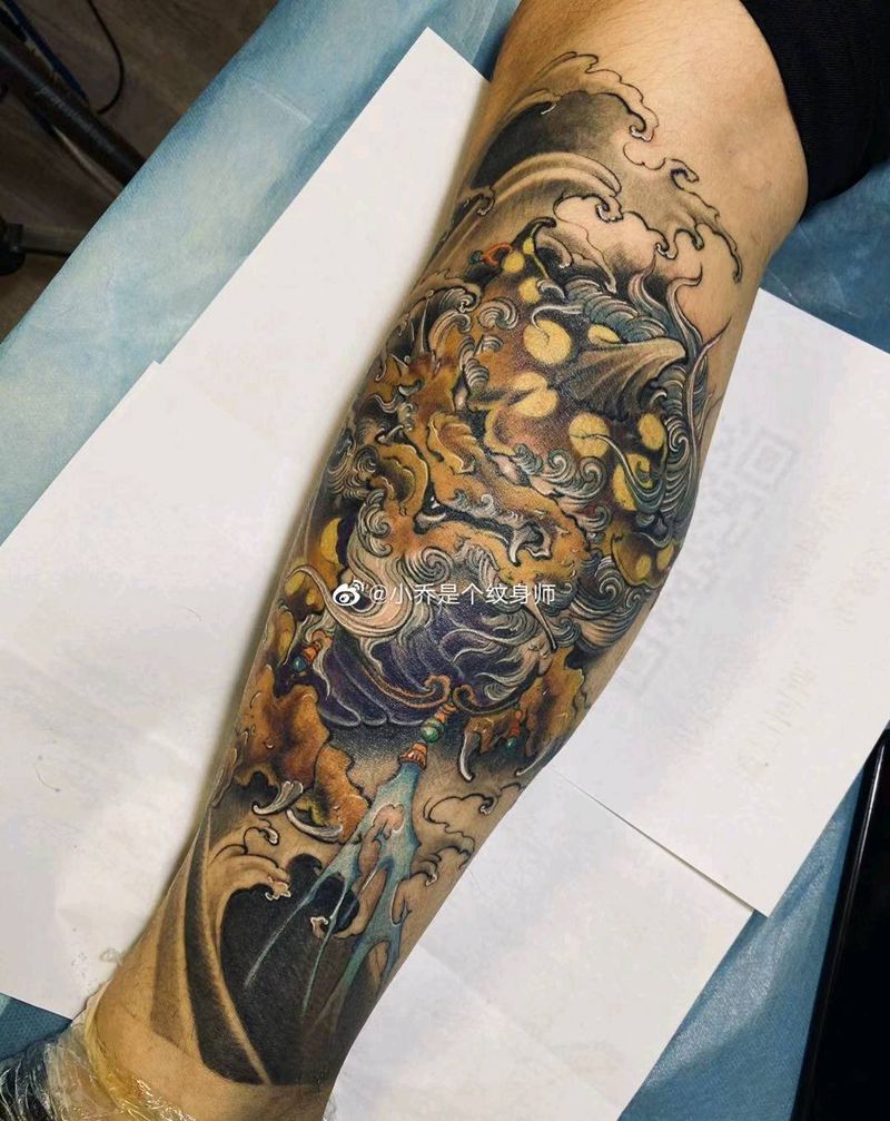 唐狮纹身图片_腿部新传统唐狮纹身图案