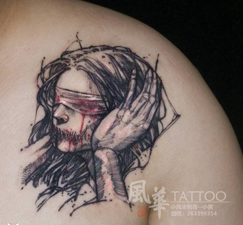 勿听 勿视 勿言纹身图片_肩部点刺水彩纹身图案