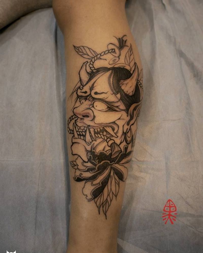 般若纹身图片_腿部新传统般若纹身图案