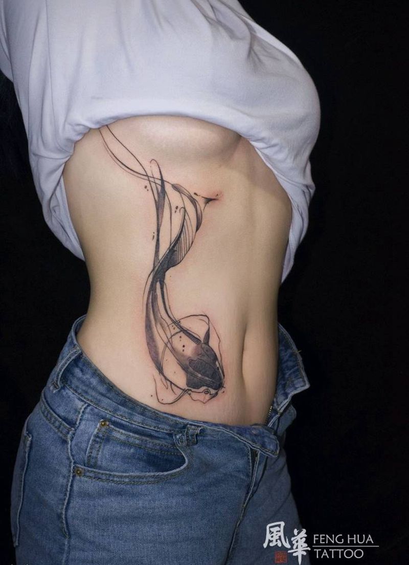 遮盖纹身图片_腹部腰部水彩水墨纹身图案
