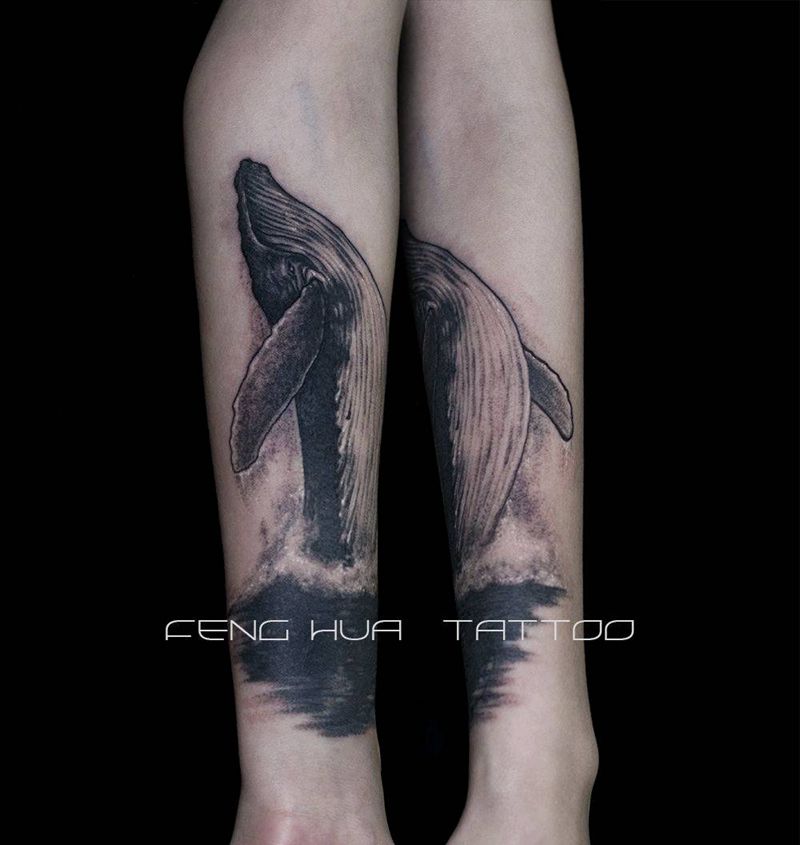 拯救不开心系列纹身图片_手臂手部欧美写实点刺鲸鱼遮盖黑灰纹身图案