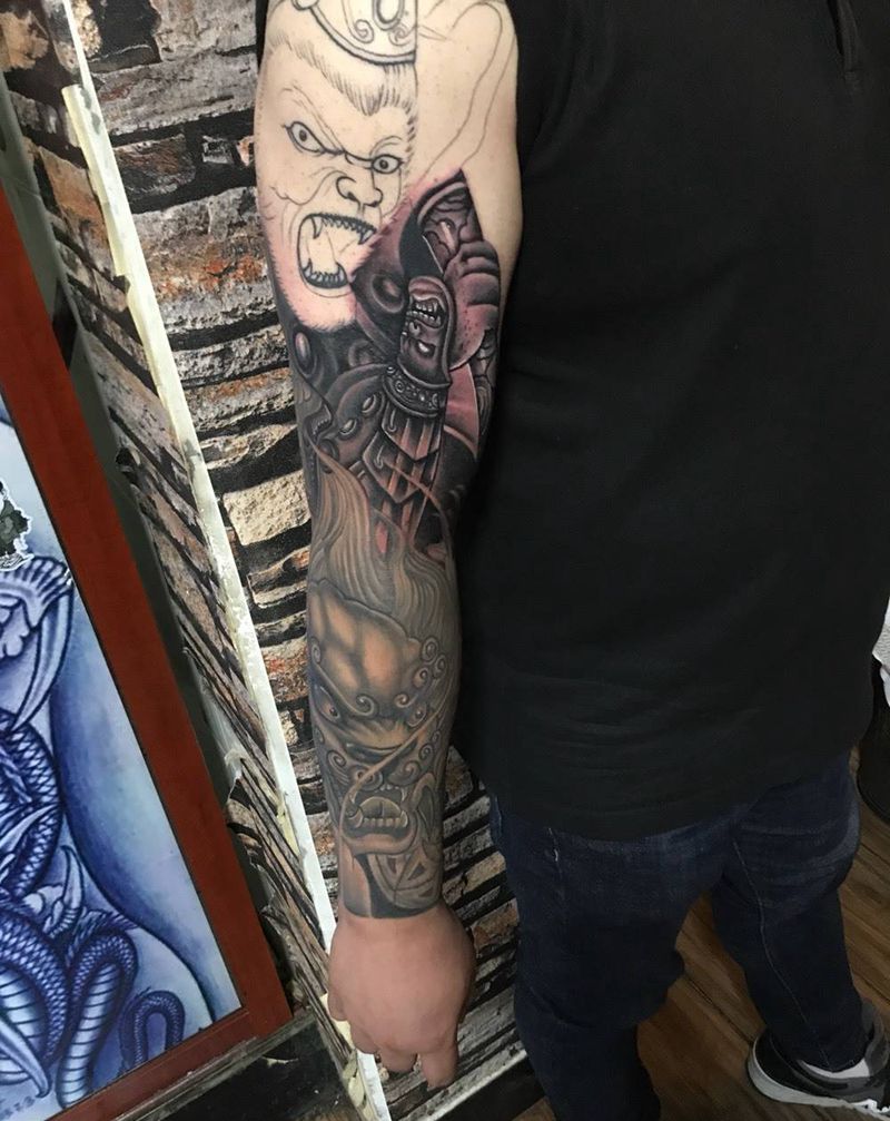 悟空与唐狮，未完成纹身图片