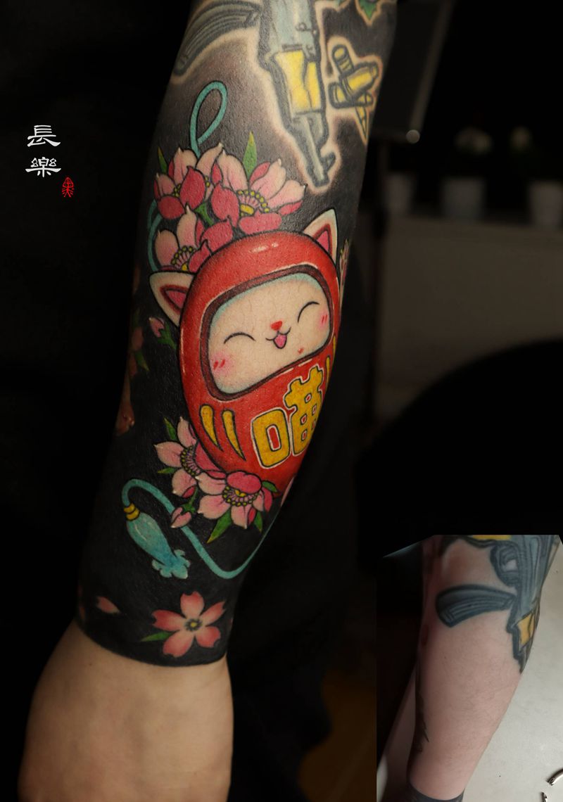 喵纹身图片_手臂手部New School新传统喵达摩蛋纹身图案