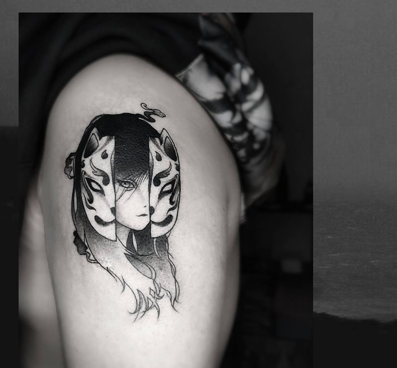 狐仙面具纹身图片_手臂New School插画富江暗黑纹身图案