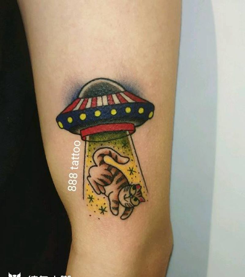 外星猫咪纹身图片_手臂Old School纹身图案