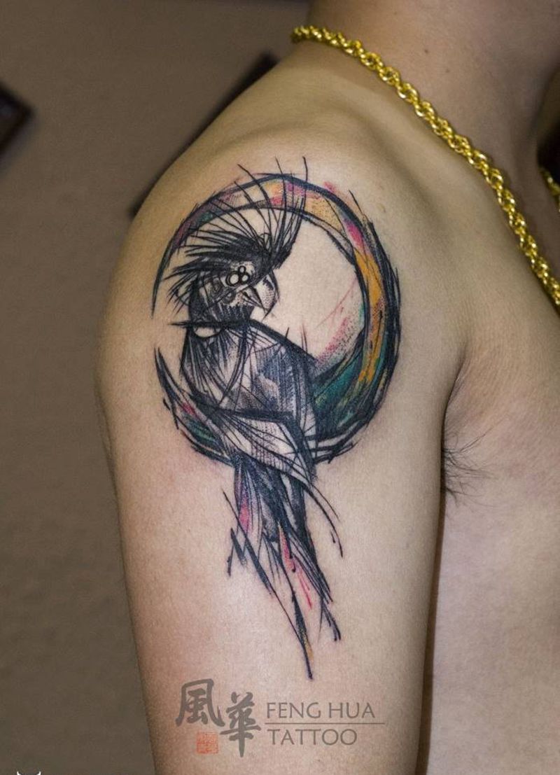 鹦鹉纹身图片_手臂手部水彩点刺纹身图案