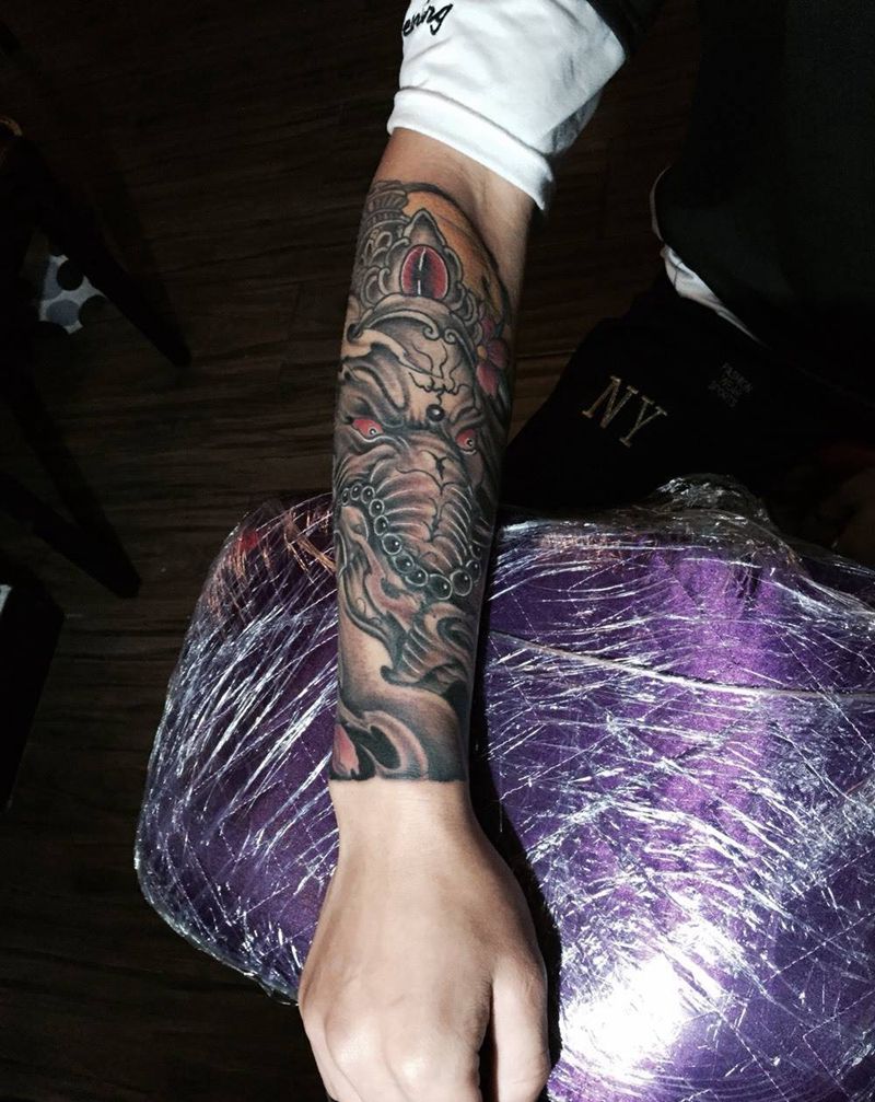 小臂象神完成，麻药作品纹身图片