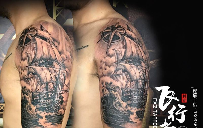 写实航海风格，帆船纹身图片