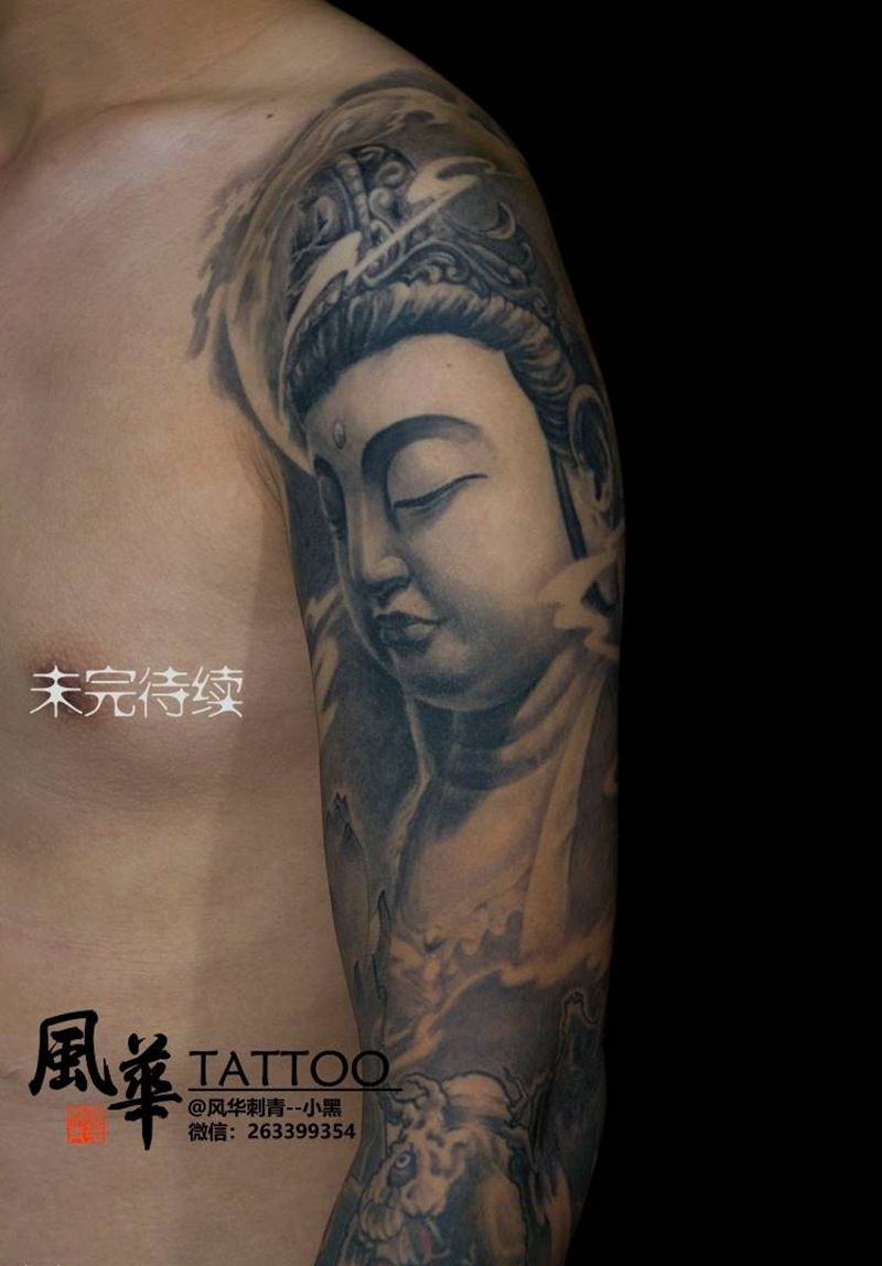 禅心纹身图片_手臂手部新传统老传统菩萨荷花鲤鱼纹身图案