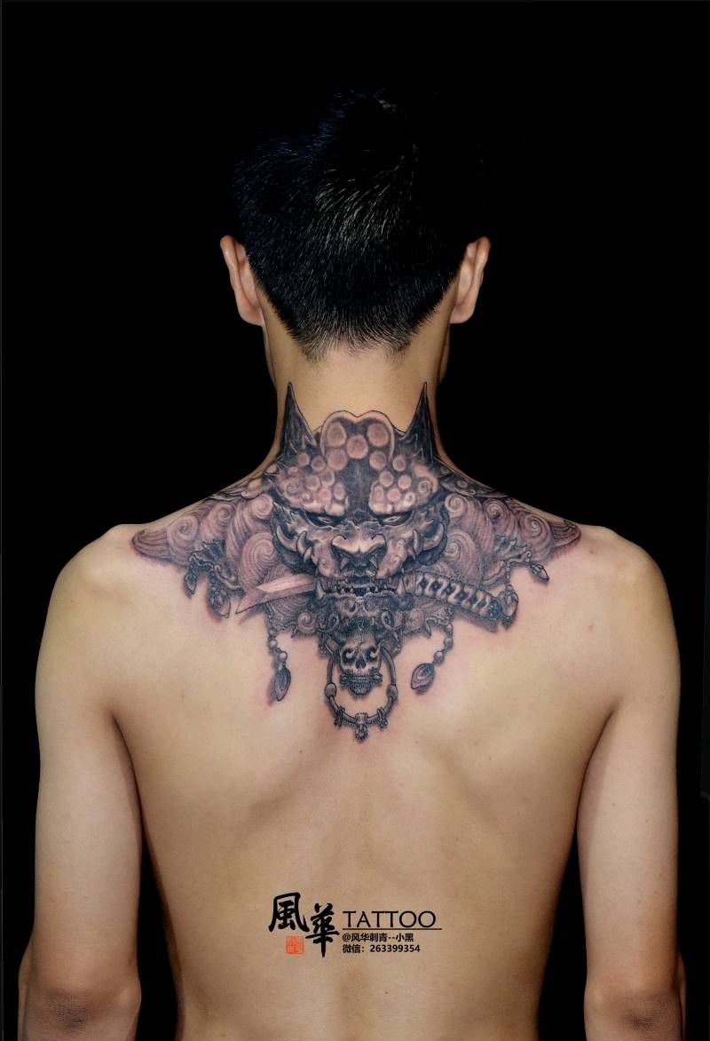 霸气纹身图片_背部肩部新传统老传统唐狮纹身图案
